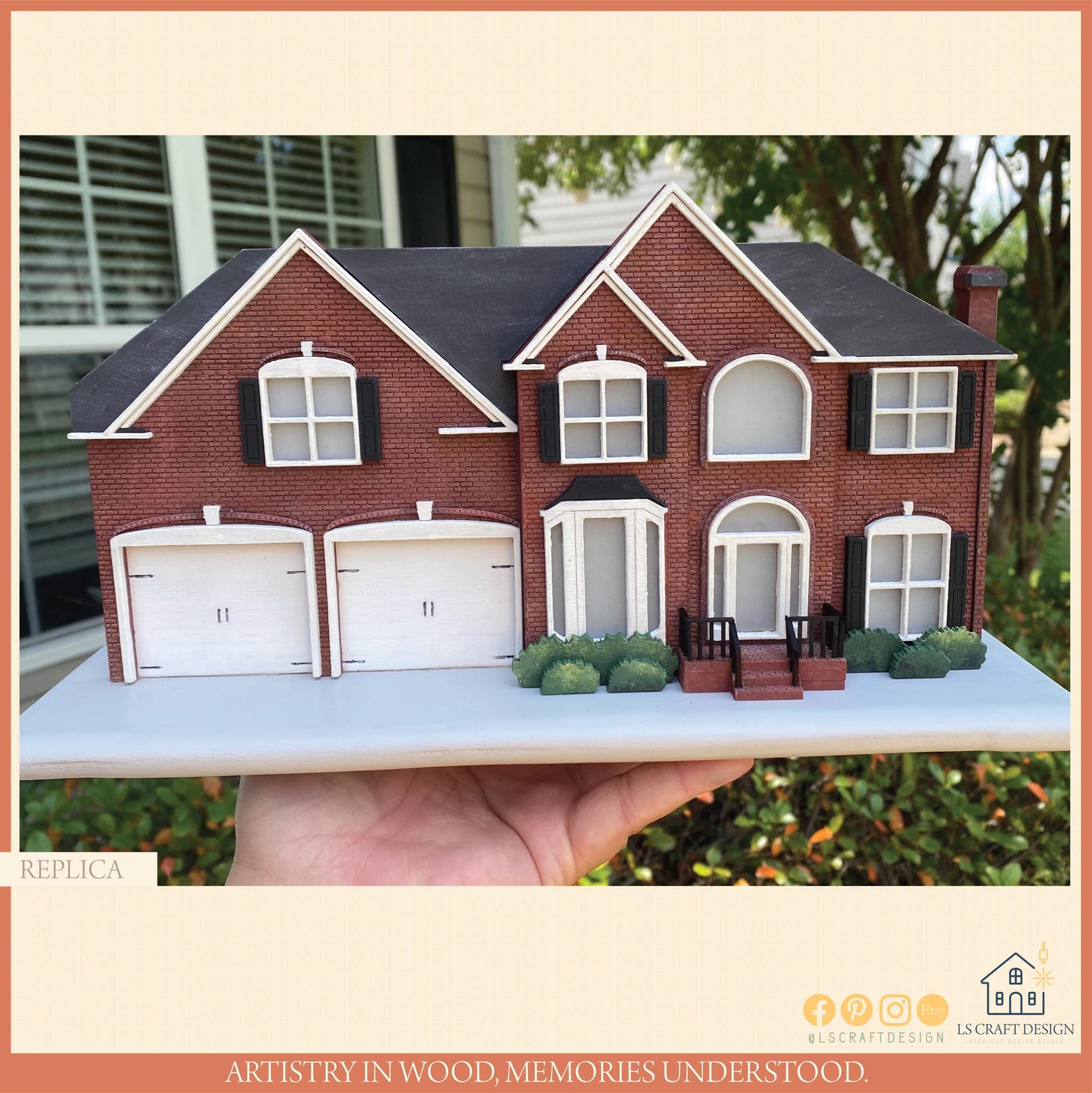 Custom wooden house replica on a wooden stand, handmade by LS Craft Design